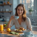 A refreshing morning routine with healthy habits like stretching, drinking water, and a nutritious breakfast.