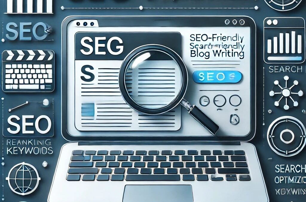 A professional illustration showcasing SEO-friendly blog writing strategies to rank #1 on Google.