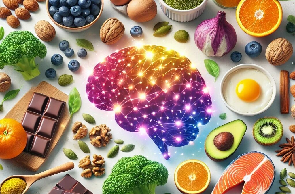 A colorful assortment of brain-boosting foods, including nuts, berries, fish, and leafy greens, arranged on a wooden table.