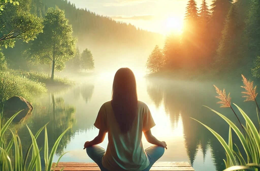 A peaceful nature setting with a relaxed person meditating, symbolizing natural ways to reduce stress and promote mental well-being.