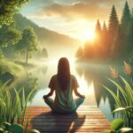 A peaceful nature setting with a relaxed person meditating, symbolizing natural ways to reduce stress and promote mental well-being.