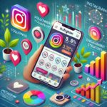 A smartphone displaying an Instagram profile with increasing follower count, engagement icons (likes, comments, shares), and a growth chart, symbolizing Instagram growth strategies.