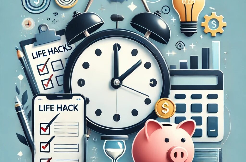 A creative collage featuring a clock, piggy bank, checklist, light bulb, and smartphone budgeting app, representing life hacks to save time and money.