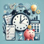 A creative collage featuring a clock, piggy bank, checklist, light bulb, and smartphone budgeting app, representing life hacks to save time and money.