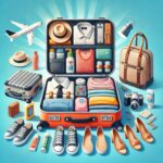 An open suitcase neatly packed with travel essentials like clothing, shoes, toiletries, and gadgets, showcasing smart packing techniques.