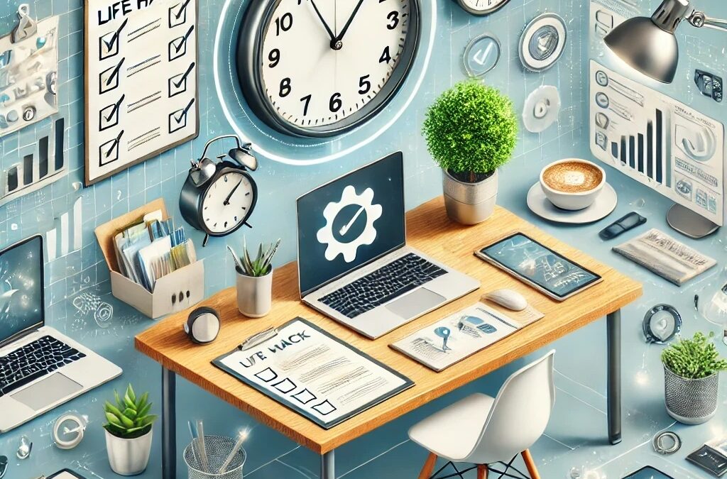 A professional image showcasing smart life hacks, including a checklist, clock, tidy workspace, and digital gadgets for enhanced productivity.