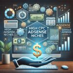 A professional image displaying Google AdSense analytics, dollar signs, and digital marketing icons, representing high CPC AdSense niches for bloggers.