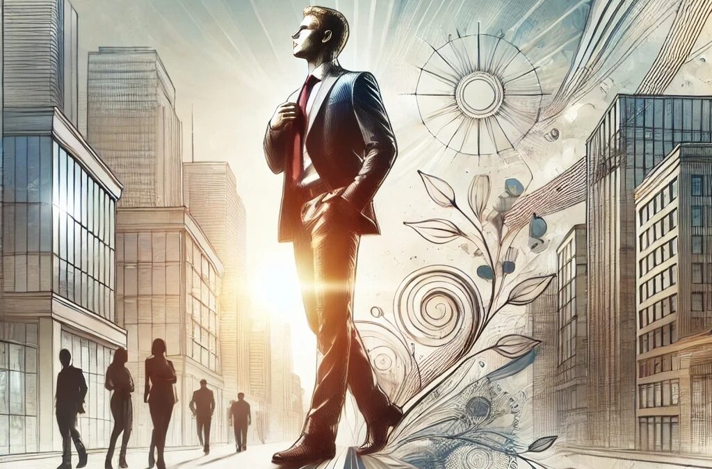 A confident and successful individual walking in a modern business district, symbolizing personal growth and achievement.